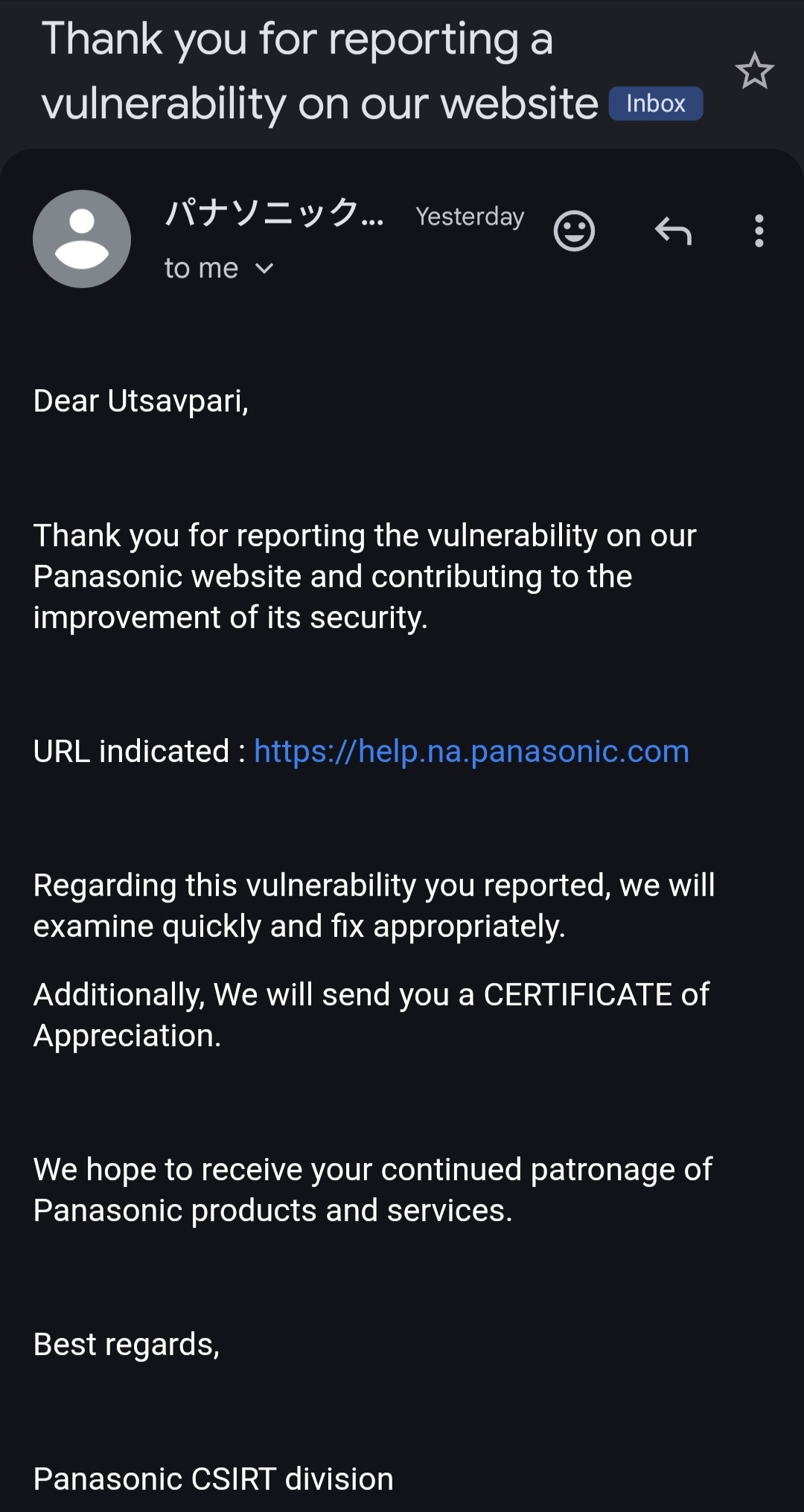 Panasonic Response