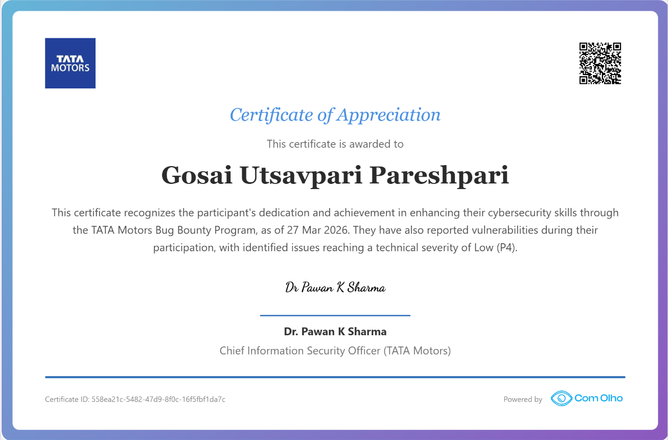 Tata Motors Certificate of Appreciation